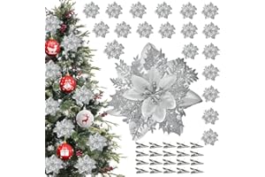 Naturezhen 20 Pezzi Fiori per Albero di Natale con Clip, Fiori Artificiali Natalizi con Glitter, Poinsettia per Decorazioni Natalizie per Ghirlanda e Albero di Natale (Argento)