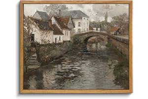 InSimSea Gerahmte Vintage-Landschafts-Wandkunstdrucke, Flussufer kleine Stadt, Leinwanddrucke, Heimdekoration, Wandkunst, rustikale Bauernhaus-Wanddekoration für Schlafzimmer, Wohnzimmer,