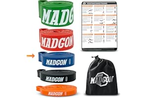 SUPER ACTIVE SPORTS MARTIAL MADGON Bande Elastiche di Resistenza (Come Fascia Singola in 5 Punti di Forza o in Set) – Resistance Band Antistrappo con Borsa e Guida PDF - Elastici Fitness