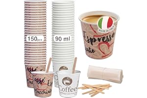 Caffetti Lot de 150 verres à café 3 oz + 150 palettes, gobelets 90 ml en papier, fabriqués en Italie, palettines jetables en bois bouleau recyclables, pour restaurants, bureau, à emporter, bar,