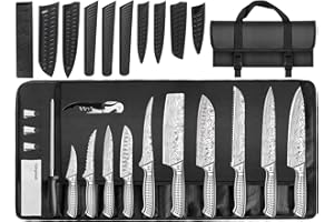 MOSFiATA Lot de 17 couteaux de cuisine en acier inoxydable avec étui, couteau de chef tranchant, protège-doigts, douilles de sabre de couteau, baguette à aiguiser, sac de transport Oxford - Idéal pour