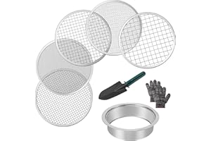 HUUPPHIP 8Pcs Stainless Steel Soil Sieve Set, Garden Sieve Potting Mesh Sieve with 5 Interchangeable Sifting Pan(1-3-6-9-12 mm), Compost Sieve for Soil, Stones, Weeds, Cat Litter, with Spade and Gloves