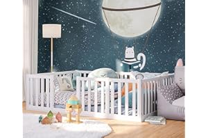 ‎BELLABINO Bellabino Tapi Kinderbett 140x200 cm mit extra hohem Rausfallschutz, Montessori Bodenbett inkl. Lattenrost für Jungen und Mädchen aus Kiefer Massivholz weiß lackiert