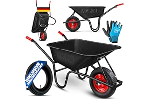 MASKO® Carriola da costruzione Carriola da giardino 100 litri 250 kg Pneumatici con cerchio in acciaio + tubo di ricambio Tubo per carriola, telaio in acciaio zincato Carriola da giardino