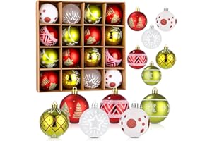 Toaren 16 Piezas Bolas de Navidad Colgantes Adornos Rojo Verde Blanco 6CM Adornos árbol Navidad Inastillable Reutilizable Bolas de plástico para árboles con Cordón Pintado Bolas Adornos Decoracione