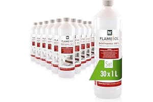 Höfer Chemie FLAMBIOL® Bioéthanol 30 x 1 L Ultra Pur 100% - Combustible Écologique pour Cheminées de Table et Poêles en Acier Inoxydable, Combustion Propre et Inodore