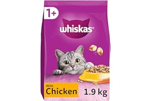 Whiskas 1+ Chicken Pack of 4 x 1.9 kg Bags, Adult Cat Dry Food