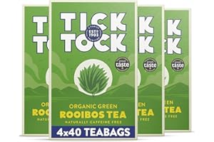 Tick Tock Organic Green Tea Bags Rooibos, Naturally Decaf Green Tea Bags, Caffeine-Free, Pack of 4x 40 (160 Teabags) Biodegradable, Redbush