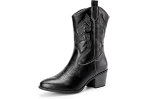 DREAM PAIRS Botas Vaqueras para Mujer, Botas Vaqueras de Media Caña con Bordado, Punta Redonda, Tacón Bajo Grueso Estilo Western