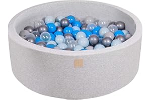 MEOWBABY Piscina di Palline 90x30cm/200 Palline ∅ 7CM Piscina di Palline Colorate per Bambini Tondo Fabbricato in EU Grigio Chiaro: Blu/Trasparente/Babyblue/Argento