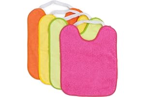 Ti TIN Pack 4 Baberos con Goma Elástica - Rizo de Algodón 90% y Poliéster 10% - Impermeables, Suaves y Absorbentes - Forro de Vinilo - Fácil Lavado y Secado - Ideal Guardería y Bebés + 12 meses