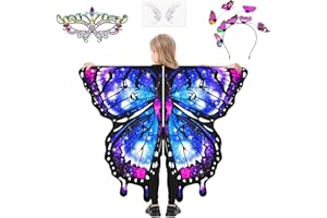 AUYAO Ailes de Papillon Déguisement Enfant, 4Pcs Ensemble de Déguisement Papillon avec Masques pour les Yeux, Couvre-Chefs, Autocollants, Cape Ailes de Papillon pour Fille, Deguisement Fille