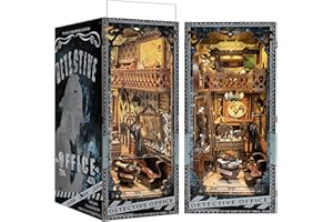 RONSTONE DIY Book Nook Kit - Bureau du Détective Maison de Poupée avec Lumière LED,Booknook Insert Décoratif pour étagère,Casse-tête en Bois 3D Serre-Livres pour Adultes