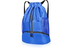 Benxdara Waterproof Drawstring Gym Bag, Breatheable Drawstring Backpack Gym Sack with Shoe Compartment, 2 Mesh Side Pockets and Insided Separation Bag, Outdoor Swim PE Bag for Adults & Kids, Blue