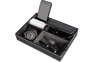 ISIYINER Valet Tray Faux Leather Nightstand Organizer for Men, Desk or Dresser Top Storage Box Holder for Jewelry Keys Phone Wallet Watch etc.