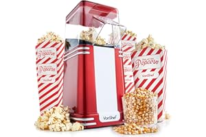 VonShef Popcorn Machine Retro – 1200W Air Popcorn Maker with Hot Air Circulation, One Touch Operation Movie Night Accessories, Healthy & Oil Free Snack Maker for Kids with 6 Boxes – Red
