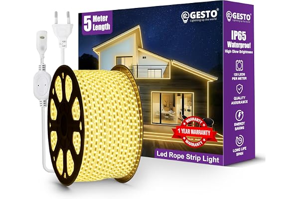 Gesto 5 Meter Rope LED Strip Lights 120 LED/Mtr Waterproof Outdoor Lights for Balcony, Home Decor, Cove Light for False Ceiling Flexible, Cuttable Strip Light for Diwali Decoration - Warm White