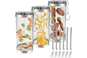 3 Stycken Rullande Grillkorg i Rostfritt Stål Med 6 Gafflar och Handtag - Grillställ Rund Grillhållare Rotisserie BBQ Grilltillbehör