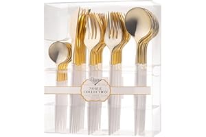 Decor Decorline - Ensemble de couverts réutilisables en plastique robuste - 40 pièces - Avec 16 fourchettes, 8 couteaux, 8 cuillères et 8 cuillères à dessert - Noble - Haut: Or - Poigné: Blanc