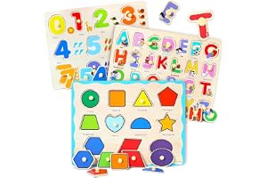Qohuooi Wooden Peg Puzzle for Toddlers, 3 Pcs Wooden Puzzles for Toddlers, Baby Puzzle, ABC Puzzle, Alphabet Shape Number Puzzle, Kids Preschool Educational Peg Puzzle Set