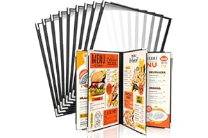WenYa Lot de 10 couvertures de menu A5, 4 pages, 8 vues de style café, bordure noire, couverture transparente pour menu du vin avec protections d'angle métalliques, compatible avec papier de format A5