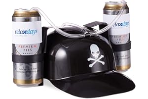 Relaxdays 4 x Trinkhelm Pirat, Helm mit Schlauch, für 2 Dosen Bier, Karneval Spaß Partyartikel, Totenkopf Bierhelm, schwarz