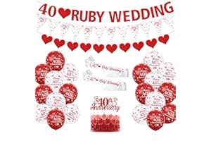 JOYMEMO 40th Wedding Anniversary Decorations Ruby 40th Anniversary Balloons Bunting Red Heart Rings Cake Topper Satin Sash for 40th Couple Anniversary Party Supplies