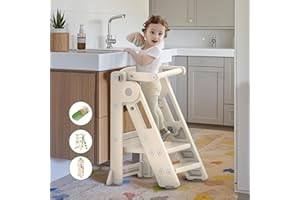 hoopyosms Torre di Apprendimento Pieghevole per Bambini, Sgabello Montessori Regolabile in Altezza, Scala Montessoriana Versatile per Bambini (Classica, Beige)