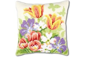 VERVACO Punto De Cruz Kit Cojin Decorativo Flores PRIMAVERALES Manualidades Adultos Decoracion Bordar Kit Principiantes Completo DIY Bordado Creativo Regalo ca. 40x40 cm Cross Stitch