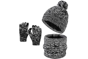 Enwokran Inverno Cappello per Bambini Sciarpa Guanti Set,Cappello Invernale Caldo Morbido Pompom Beanie Maglia Sciarpa Guanti Touchscreen 3 Pezzi per Ragazzo Ragazza 5-12 Anni