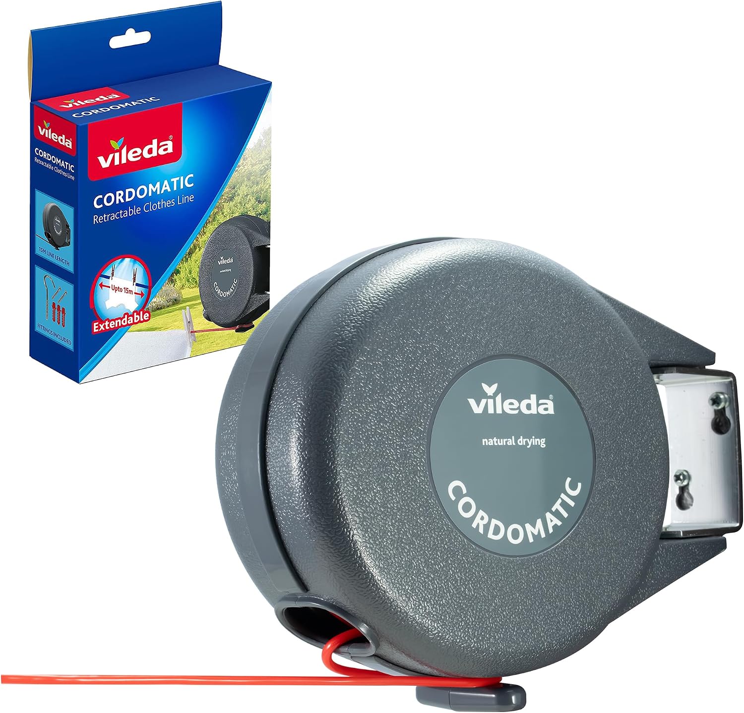 Vileda Cordomatic Retractable Washing line 15m | 1 x 15m clothes line holds up to 15kg | Extendable Clothes Line | Automatic retraction | Strong and durable | Wall Mounted for Indoor & Outdoor Use