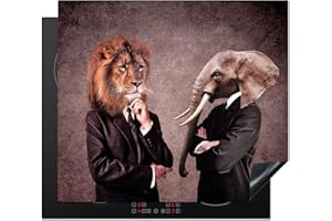 KitchenYeah© Protection Plaque Cuisson Deco Cuisine Cache Induction 60x52 cm Protege Pour Cuisiniere Protection Éléphant - Lion - Animaux - Surréalisme - Marron - Costume - 60x52 cm