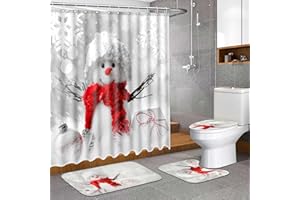 DOLENOR 4Pcs Merry Christmas Snowman Shower Curtain Set with Non-Slip Rug, Toilet Lid Cover and Bath Mat, Winter Snowman Shower Curtains with 12 Hooks, for Bathroom xmas Decor