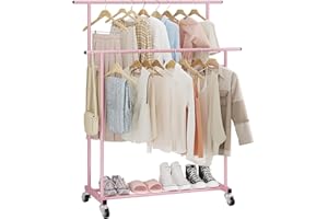Calmootey Double Rail Clothes Rack, Rolling Clothes Rack, Portable Clothes Organizer for Bedroom, Living Room, Clothing Store, Pink