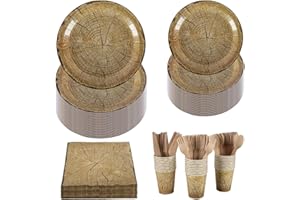 CEILIWEN Set di stoviglie effetto legno per 30 ospiti, piatti di carta, bicchieri, tovaglioli e posate in legno, per matrimoni e picnic, compleanni, feste di Natale