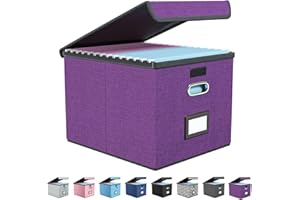 Finew Boîte de rangement pliable en tissu avec couvercle, boîte à dossiers suspendus pour dossiers suspendus format A4, boîtes de rangement pour le bureau, boîte pliante pour familles (violet)