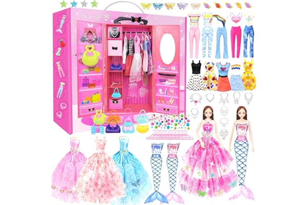 66Pcs Vêtements et Accessoires avec Armoire pour Poupée 11.5 Pouces - Ensemble de Poupee Fille de Mode Comprenant 1 Poupée, Robe de Hauts et Pantalons Habits Cintres Sacs pour Filles