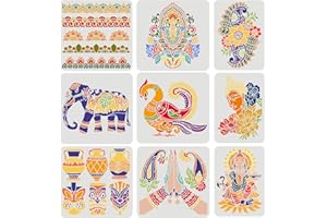 FINGERINSPIRE 9PCS Indian Theme Stencil 2 Size Elephant God Buddha Vase Flowers Peacock Stencils DIY Henna Buddha Stencil Reusable Plastic Stencils for Painting on Wood, Wall, Floor, Fabric, Canvas