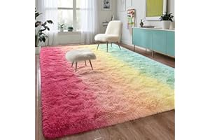 DweIke Extra Large Fluffy Area Rug, 6x9 Ft Rainbow Pink Rug Modern Indoor Living Room Bedroom Home Gradient Colorful Rugs, Shaggy Plush Faux Fur Carpets for Girls Kids Playroom Nursery Decor