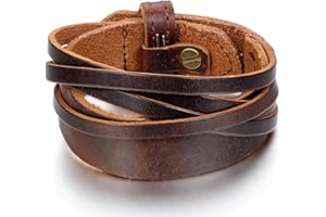 JewelryWe Schmuck Herren Breit Lederarmband, Punk Druckknopf geflochten Leder Armband Wickelarmband Armreif Manschette, verstellbare Größe, Schwarz/Braun