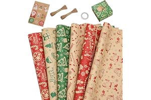 GmeDhc Lot de 6 rouleaux de papier cadeau en kraft pour anniversaire, 50 x 70 cm, avec 2 rouleaux de corde en coton et autocollants, papier cadeau vintage, papier kraft pour Noël