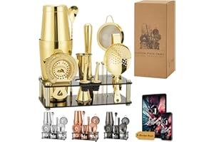JETTORY Set Shaker Boston 16 pezzi - Kit barista in acciaio inossidabile 304 con supporto acrilico, colino, cucchiaio, jigger, pestello, pinzetta, pinzette per ghiaccio, versatori e picks da cocktail (oro)