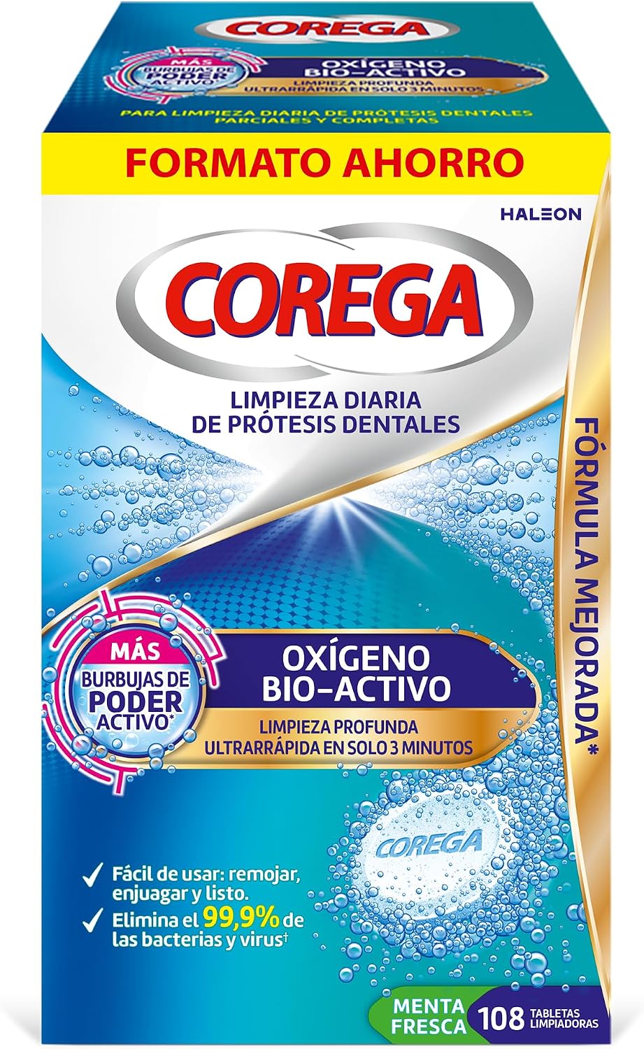 Corega Oxígeno Bio-Activo, Tabletas Limpiadoras Para Prótesis Dentales, Eliminación de Olores y Bacterias, Mantenimiento y Cuidado Bucal Avanzado, Limpieza en 3 Minutos, Pack 108 Tabletas
