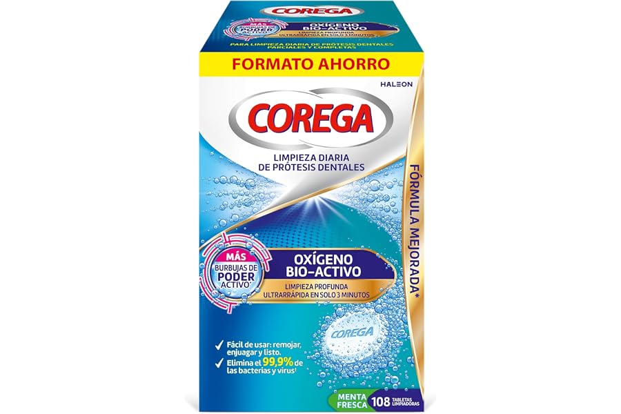 Corega Oxígeno Bio-Activo, Tabletas Limpiadoras Para Prótesis Dentales, Eliminación de Olores y Bacterias, Mantenimiento y Cu