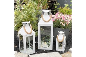INDA-Exclusiv - Set di 3 lanterne da giardino XL, in metallo, con manico in corda, 25/40/51 cm, colore: bianco