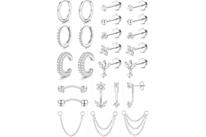 Chriscoco 21 szt., kolczyki damskie, kolczyki do uszu ze stali nierdzewnej 316L, hipoalergiczne, małe, pozłacane kolczyki 14K, srebro CZ, łańcuszek, Helix Tragus, chrząstka, Conch