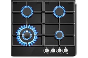 SNDOAS Gas Hob 4 Burners, NG/LPG Convertible, 60cm Black Glass Gas Cooker Hob with Wok Burner, Built-in Cooktop with Flame Failure Protection, 8060W