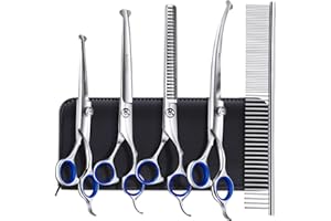 Gimars 4CR tijeras peluqueria canina 6 en 1 Tijeras para perros de acero inoxidable con punta redonda de seguridad, Peluqueria Canina con revestimiento de titanio resistente para perros, gatos