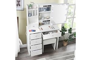 Puselo White Dressing Table Vanity Table with Mirror and Stool Makeup Vanity Table with Lights and Drawers,Cushioned Stool,Vanity Desk for Women Girls Bedroom (Modern3139UKPW)