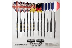 CC-Exquisite Lot de 12 fléchettes en acier - Or et noir - 20/22 g avec 24 ailettes et 18 tiges + outil de fléchette, joints toriques en caoutchouc - Entièrement personnalisable